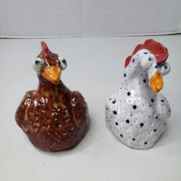 Handmade Ceramic Chicken Rooster Decor 4" Whimsical Big Eyes Lot 2 Countrycore - Picture 1 of 12